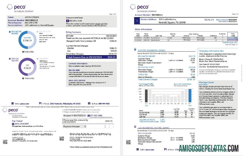 Conta de serviços públicos de eletricidade e gás PECO da Pensilvânia nos EUA, 3 páginas exemplo real